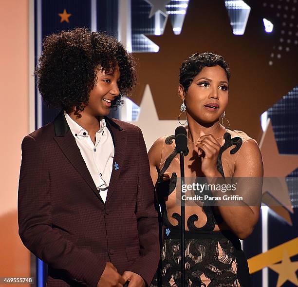 Recording artist Toni Braxton with her son Diezel Ky Braxton-Lewis onstage at the UNCF "An Evening Of Stars" at Boisfeuillet Jones Atlanta Civic...