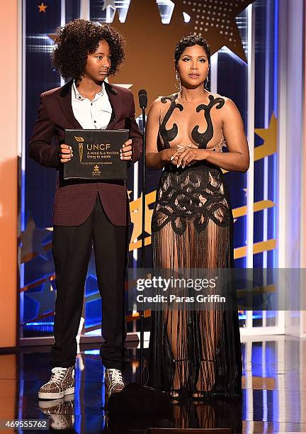 Recording artist Toni Braxton with her son Diezel Ky Braxton-Lewis onstage at the UNCF "An Evening Of Stars" at Boisfeuillet Jones Atlanta Civic...