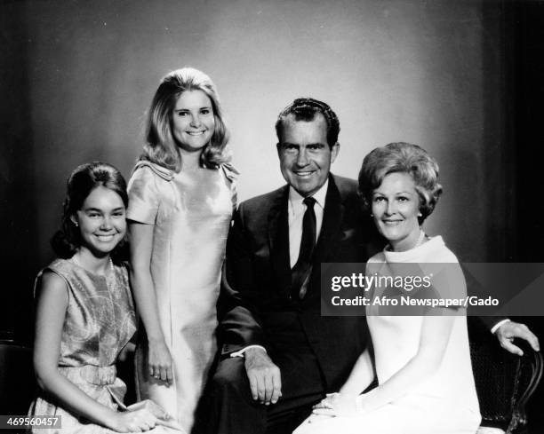 Family portrait of President Richard Nixon, his wife Pat and their daughters Tricia, born in 1946 and Julie, born in 1948, 1968.