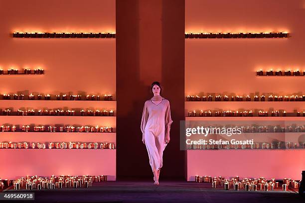 Model walks the catwalk at the AJE show at Mercedes-Benz Fashion Week Australia 2015 at Carriageworks on April 13, 2015 in Sydney, Australia.