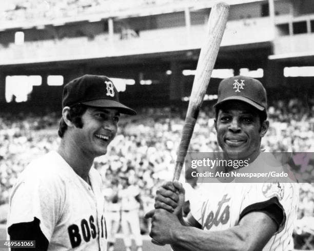 Carl Yastryewski, Boston Red Sox, and Willie Mays, New York Mets, play at the Alwas Tempe Shivaz Benefit Baseball game, Washington, DC, August 14,...