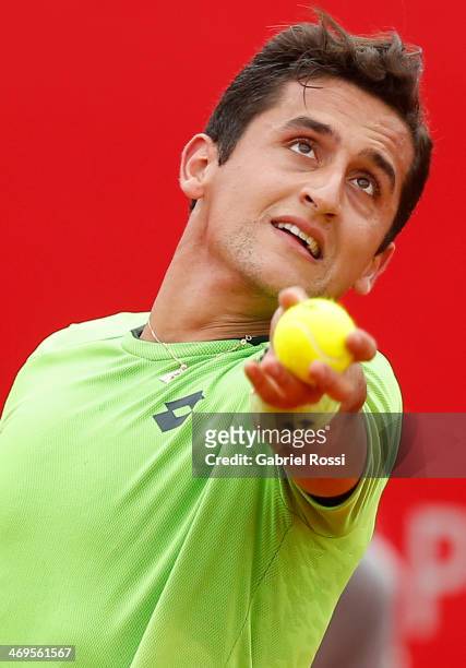 Nicolas Almagro of Spain serves during a tennis match between David Ferrer and Nicolas Almagro as part of ATP Buenos Aires Copa Claro on February 15,...