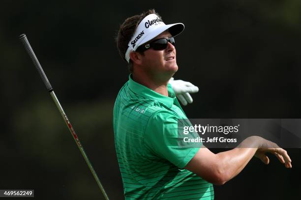 Charlie Beljan hits an errant tee shot on the 16th hole in the third round of the Northern Trust Open at the Riviera Country Club on February 15,...