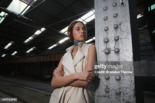 Model poses backstage ahead of the AJE show at Mercedes-Benz Fashion Week Australia 2015 at Carriageworks on April 13, 2015 in Sydney, Australia.