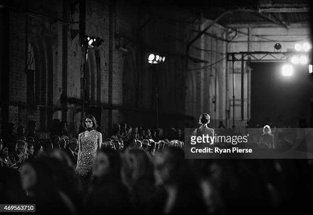 Models showcase designs during the Aje show at Mercedes-Benz Fashion Week Australia 2015 at Carriageworks on April 13, 2015 in Sydney, Australia.