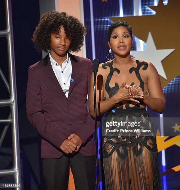 Recording artist Toni Braxton and her Son Diezel Ky Braxton-Lewis onstage at An Evening of Stars at Atlanta Civic Center on April 12, 2015 in...