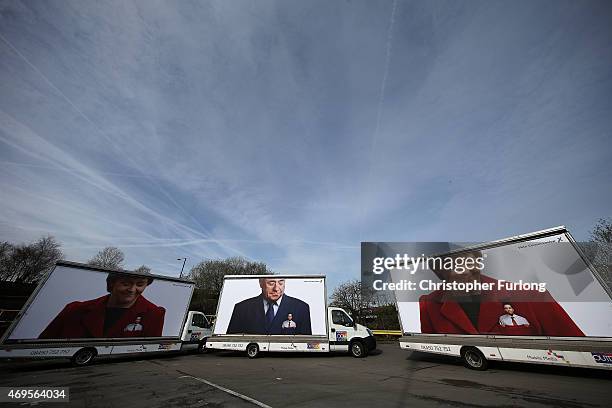 Convoy of Conservative Party election posters arrives at the venue where Ed Miliband will launch the 2015 election manifesto on April 13, 2015 in...