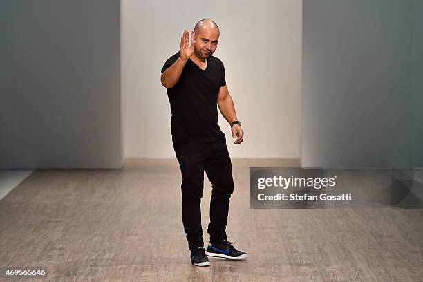 Designer Daniel Avakian thanks guests on the runway the Daniel Avakian show at Mercedes-Benz Fashion Week Australia 2015 at Carriageworks on April...