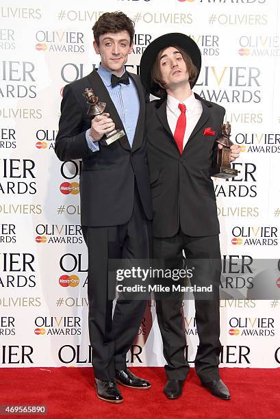 John Dagleish and George Maguire pose in the winners room at The Olivier Awards at The Royal Opera House on April 12, 2015 in London, England.