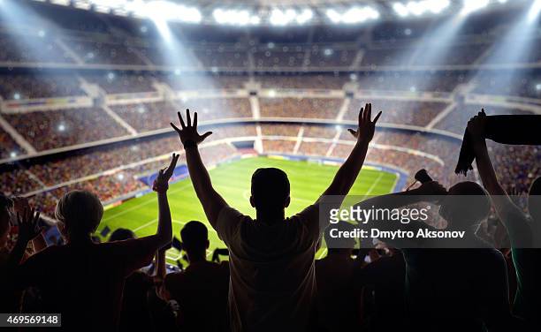 soccer fans at stadium - sportcompetitie stockfoto's en -beelden