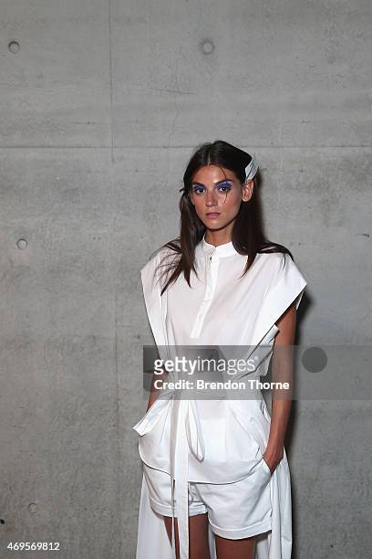 Model poses backstage ahead of the Gary Bigeni show at Mercedes-Benz Fashion Week Australia 2015 at Carriageworks on April 13, 2015 in Sydney,...