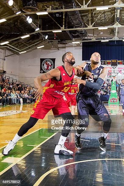 Travis Hyman of the Fort Wayne Mad Ants battles for position on a rebound with Romero Osby of the Maine Red Claws during Playoff Game on April 11,...