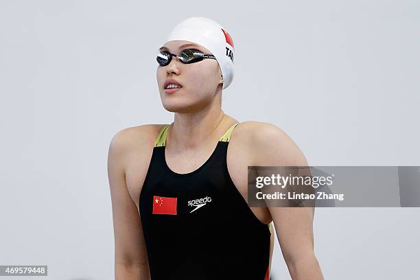 Tang Yi of China prepares to compete during the Women's 100m freestyle semi-finals on day five of the China National Swimming Championships on April...