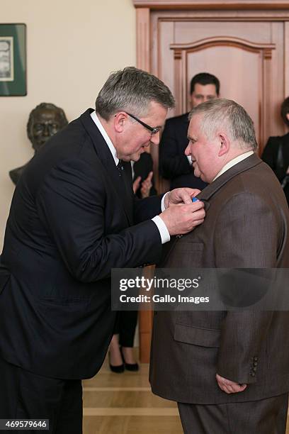 President Bronislaw Komorowski honours Adolf Kondracki during his state visit on April 8, 2015 in Kiev, Ukraine. President Komorowski is on a two-day...