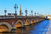 Bordeaux river bridge with St Michel cathedral in background