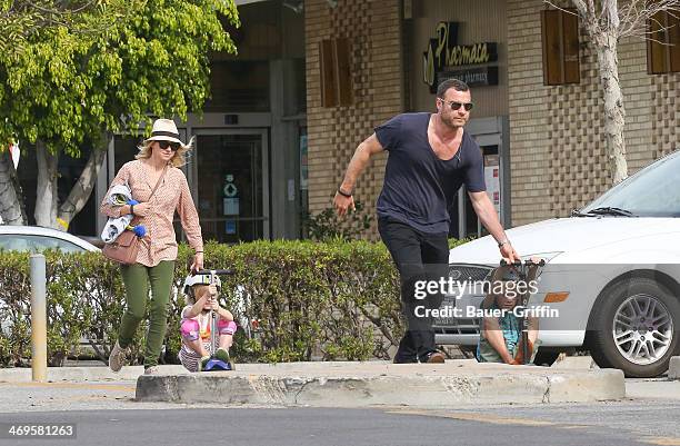 Naomi Watts, Liev Schreiber with sons Alexander Schreiber and Samuel Schreiber are seen on February 15, 2014 in Los Angeles, California.