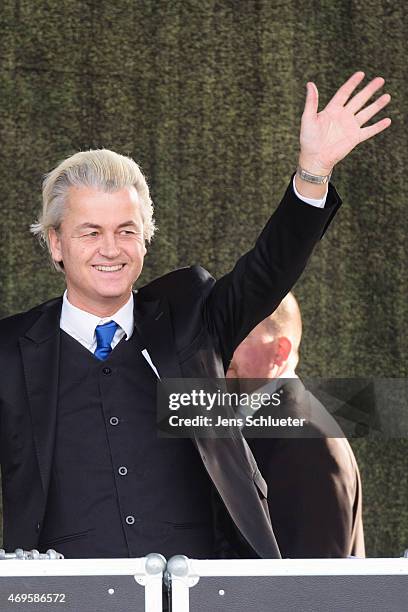 Right-wing Dutch politician Geert Wilders speaks to supporters of the Pegida movement at another of their weekly protests on April 13, 2015 in...