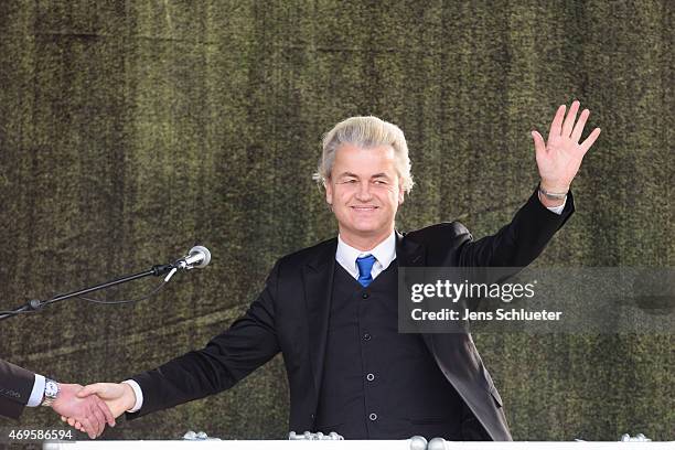 Right-wing Dutch politician Geert Wilders speaks to supporters of the Pegida movement at another of their weekly protests on April 13, 2015 in...