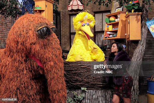 Taraji P. Henson" Episode 1680 -- Pictured: Mr. Snuffleupagus, Big Bird and Taraji P. Henson as Cookie during the "Sesame Street Promo" skit on April...