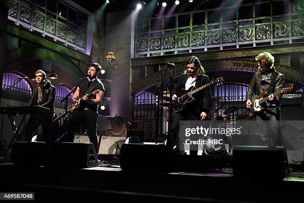 Taraji P. Henson" Episode 1680 -- Pictured: Ben Lovett, Marcus Mumford, Winston Marshall and Ted Dwane of musical guest Mumford & Sons perform on...