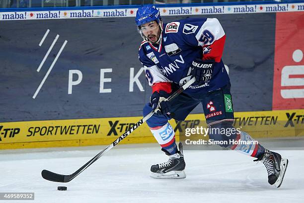 Brandon Yip of Mannheim in action during the DEL Play-offs Final Game 1 between Adler Mannheim and ERC Ingolstadt at SAP Arena on April 10, 2015 in...