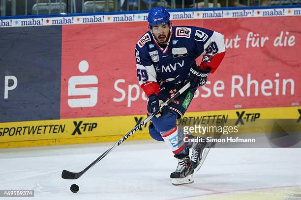 Brandon Yip of Mannheim in action during the DEL Play-offs Final Game 1 between Adler Mannheim and ERC Ingolstadt at SAP Arena on April 10, 2015 in...