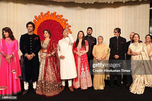 Newlywed couple Kunal Kapoor and Naina Bachchan pose with Brides parents Ajitabh Bachchan and Ramola Bachchan, Uncle and Bollywood actor Amitabh...