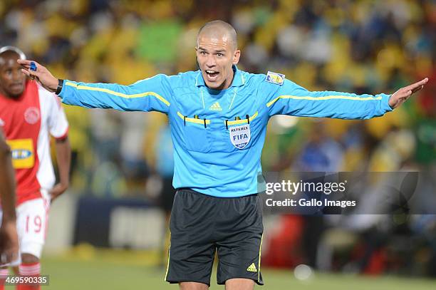 Referee Victor Gomes during the Absa Premiership match between Mamelodi Sundowns and Ajax Cape Town at Loftus Stadium on February 15, 2014 in...