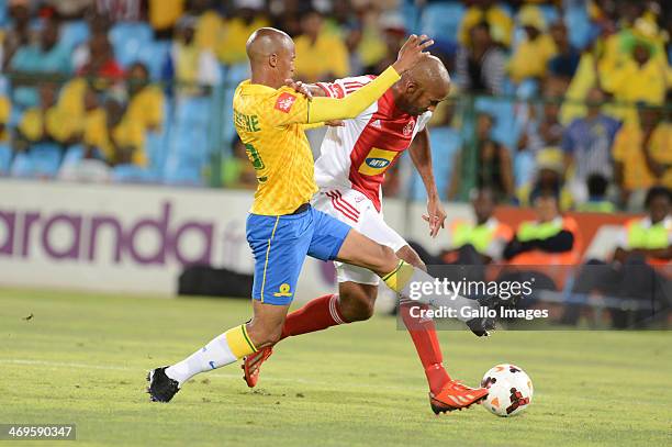 Thabo Nthethe of Mamelodi Sundowns and Nathan Paulse of Ajax Cape Town during the Absa Premiership match between Mamelodi Sundowns and Ajax Cape Town...