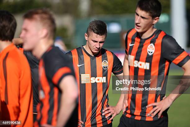 Oleksandr Zubkov and Danylo Sahutkin of Shakhtar Donetsk look dejected after loosing the UEFA Youth League Final match between Shakhtar Donetsk and...