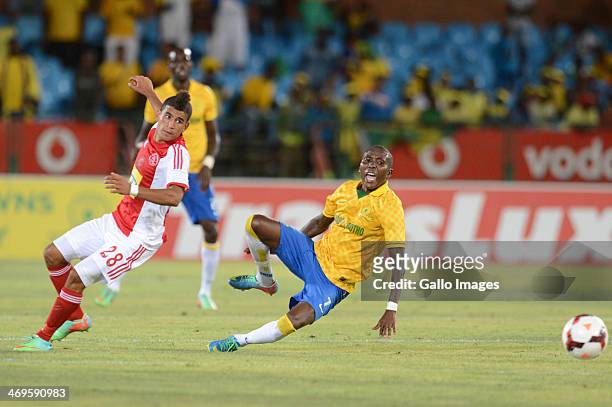 Keagan Dolly of Ajax Cape Town and Elias Pelembe of Mamelodi Sundowns during the Absa Premiership match between Mamelodi Sundowns and Ajax Cape Town...