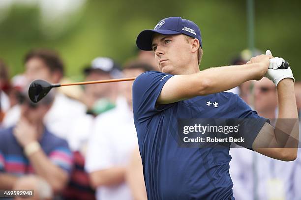 Closeup of Jordan Spieth in action, drive during Sunday play at Augusta National. Augusta, GA 4/12/2015 CREDIT: Robert Beck