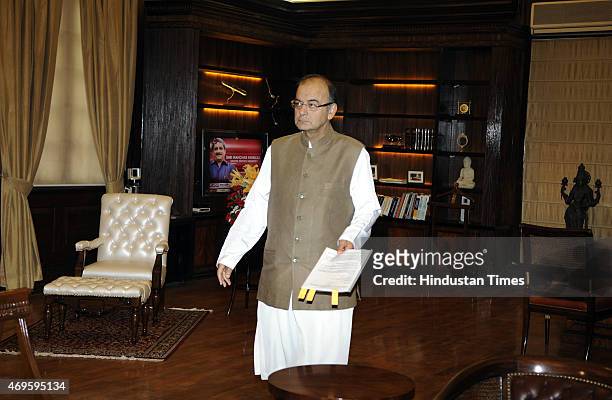 Finance Minister Arun Jaitley during a meeting with Australian Foreign Minister Julie Isabel Bishop on April 13, 2015 in New Delhi, India. India is...