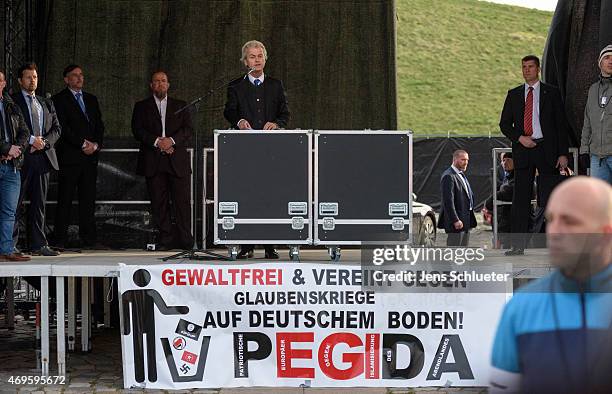 Right-wing Dutch politician Geert Wilders speaks to supporters of the Pegida movement at another of their weekly protests on April 13, 2015 in...