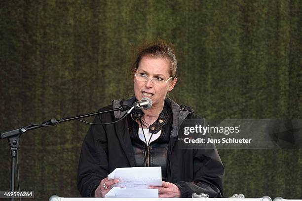 The Pegida candidate for the lord mayor election in Dresden Tatjana Festerling speaks to supporters of the Pegida movement at another of their weekly...