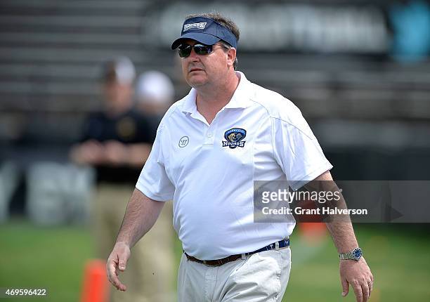 Head coach Mike Cerino of the Charlotte Hounds watches his team during their game against the Rochester Rattlers at American Legion Memorial Stadium...