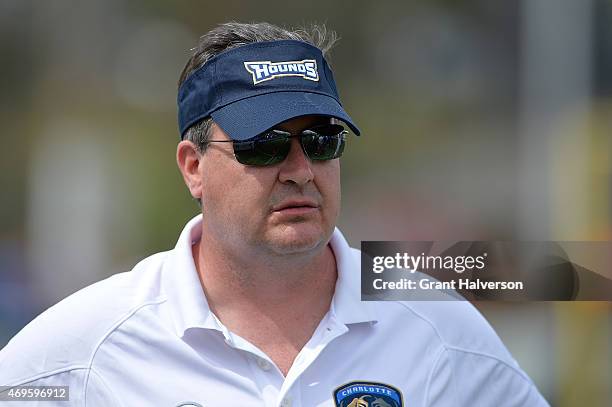 Head coach Mike Cerino of the Charlotte Hounds watches his team during their game against the Rochester Rattlers at American Legion Memorial Stadium...