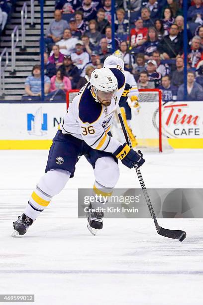 Patrick Kaleta of the Buffalo Sabres controls the puck during the game against the Columbus Blue Jackets on April 10, 2015 at Nationwide Arena in...