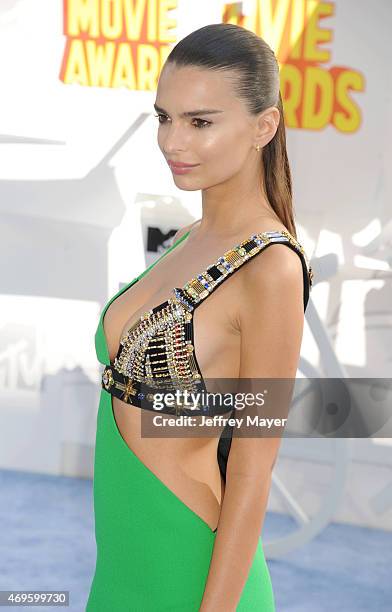 Model Emily Ratajkowski arrives at the 2015 MTV Movie Awards at Nokia Theatre L.A. Live on April 12, 2015 in Los Angeles, California.