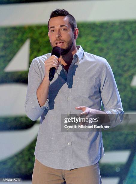 Actor Zachary Levi speaks onstage during Cartoon Network's fourth annual Hall of Game Awards at Barker Hangar on February 15, 2014 in Santa Monica,...