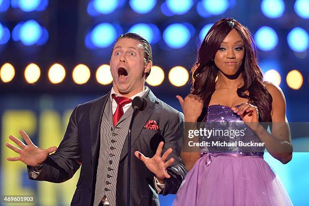 Wrestlers The Miz and Alicia Fox speak onstage during Cartoon Network's fourth annual Hall of Game Awards at Barker Hangar on February 15, 2014 in...