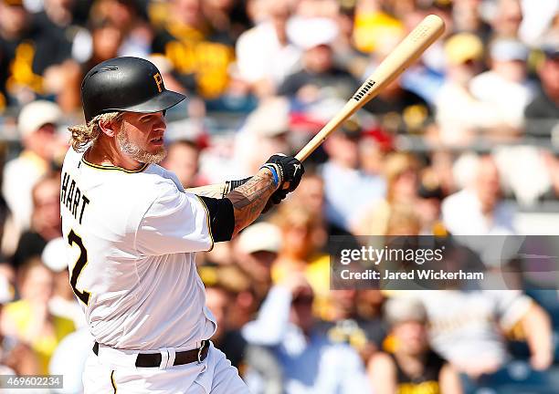 Corey Hart of the Pittsburgh Pirates hits a two-run home run in the seventh inning against the Detroit Tigers during the Opening Day game at PNC Park...