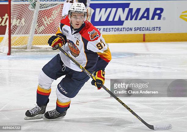 Connor McDavid of the Erie Otters skates against the London Knights during Game Three of the OHL Western Conference Semi-Final at Budweiser Gardens...