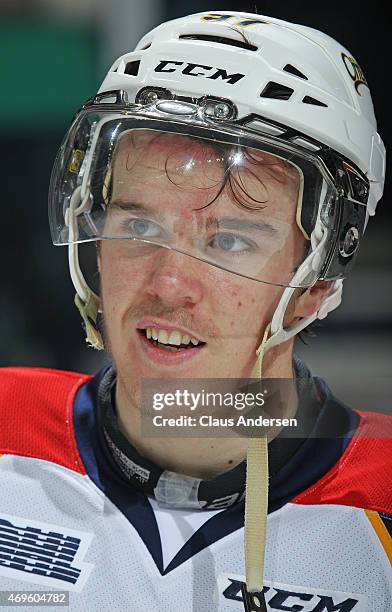 Connor McDavid of the Erie Otters waits for an interview after playing against the London Knights during Game Three of the OHL Western Conference...