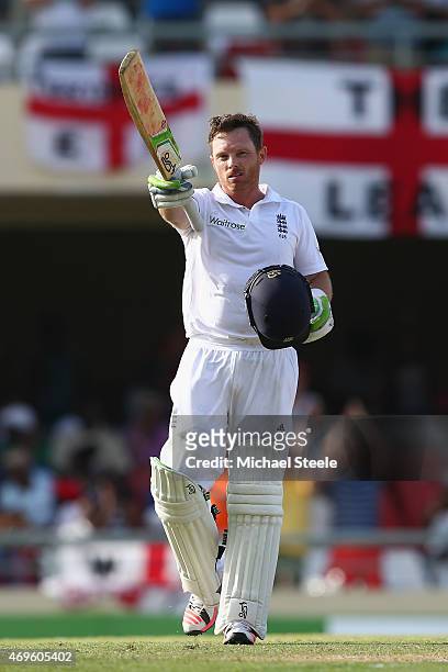 Ian Bell of England celebrates reaching his century during day one of the 1st Test match between West Indies and England at the Sir Vivian Richards...