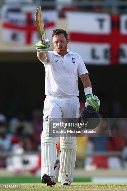 Ian Bell of England celebrates reaching his century during day one of the 1st Test match between West Indies and England at the Sir Vivian Richards...