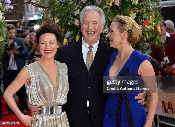 Helen McCrory, Alan Rickman and Kate Winslet attend the UK premiere of "A Little Chaos" at ODEON Kensington on April 13, 2015 in London, England.