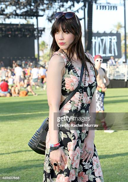 Daisy Lowe, wearing a Coach handbag, attends the 2015 Coachella Valley Music and Arts Festival - Weekend 1 at The Empire Polo Club on April 11, 2015...