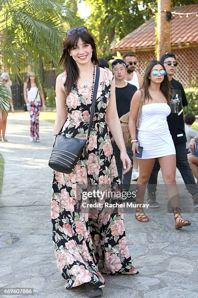 Daisy Lowe, wearing a Coach handbag, attends the 2015 Coachella Valley Music and Arts Festival - Weekend 1 at The Empire Polo Club on April 11, 2015...