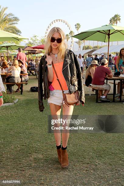 Mary Charteris wearing Coach attends the 2015 Coachella Valley Music and Arts Festival - Weekend 1 at The Empire Polo Club on April 11, 2015 in...